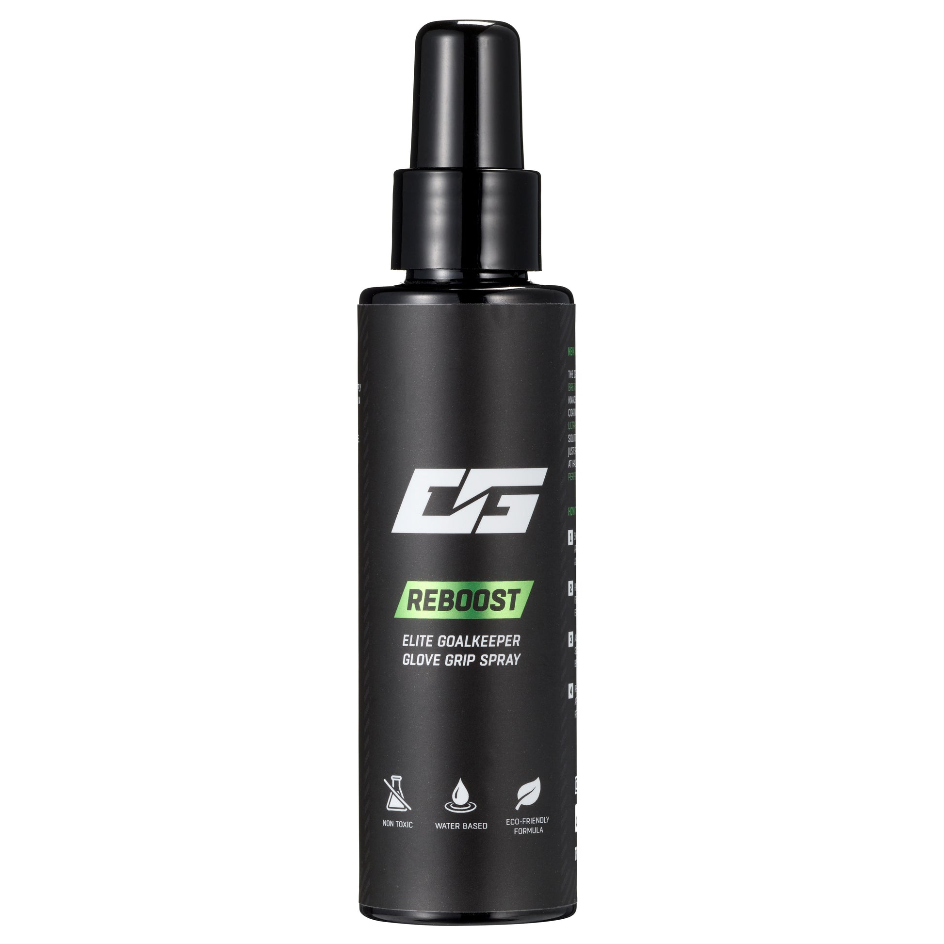 Helppokäyttöinen REBOOST GRIP SPRAY jalkapallokentille lisäämään pitoa hanskoihin ja parantamaan maalivahdin suoritusta.